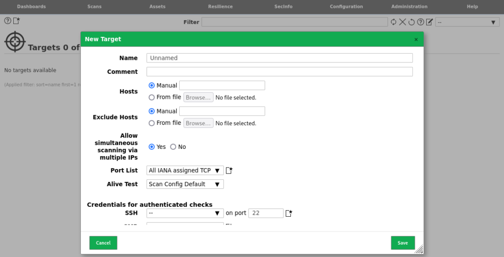 OpenVAS Define Targets