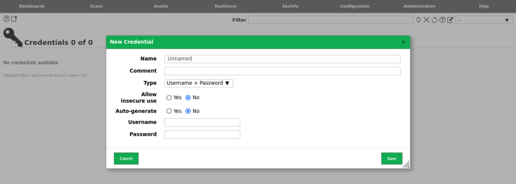 OpenVAS Define Credentials