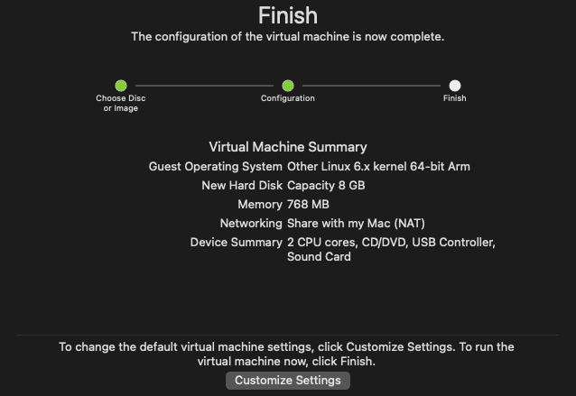 VMware Finish VM Setup